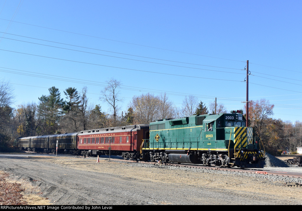 SMS GP38-2 # 2003 pushes the passenger consist across E Lake Rd grade crossing